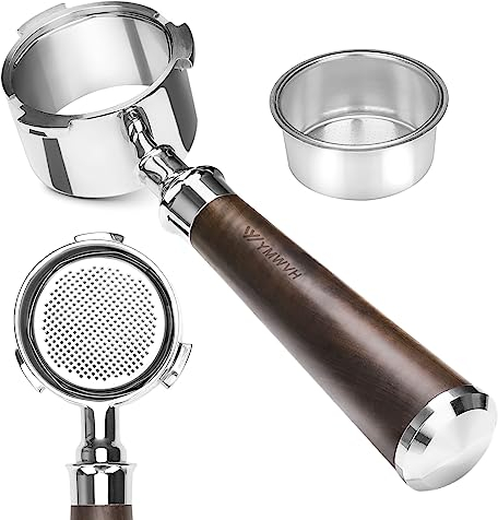 YMWVH Porte-filtre sans fond à 3 oreilles 51 mm pour machine à expresso De-longhi EC680, EC685 et EC885, panier en acier inoxydable et poignée en noyer