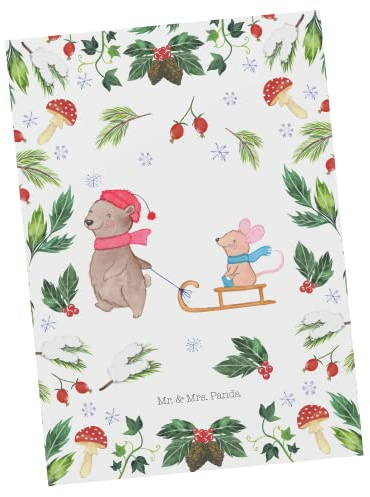 Mr. & Mrs. Panda Postkarte Bär und Maus Schlitten - Geschenk, Nikolaus, Wintermotiv, Geschenkkarte, Ansichtskarten, Einladungskarte, Heiligabend,