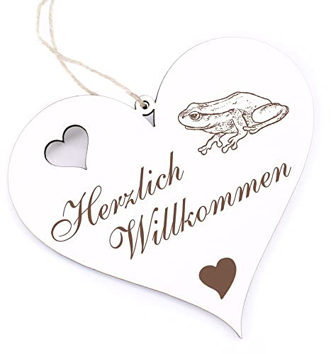 Herzlich Willkommen Schild - Frosch Sitzend - Deko Herz Holz Willkommensschild Türschild Dekoschild Türdeko