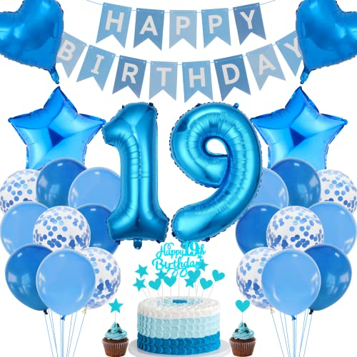Cnrose 19. Geburtstag Dekoration,Blau Tortendeko Geburtstag 19 Jahre Junge,Party Deko Blau,19 Geburtstag Mädchen Junge,Tortendeko 19. Geburtstag Junge Mädchen,Geburtstagsdeko 19 Jahre Mädchen