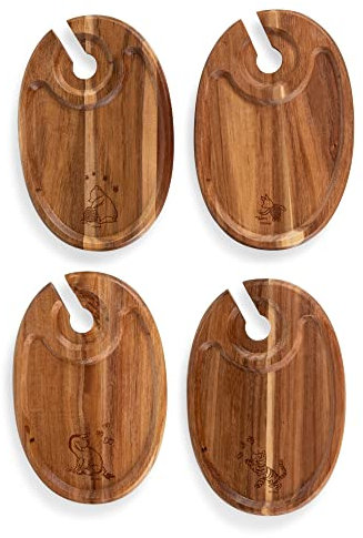 PICNIC TIME Disney Appetizer Set of 4, Cocktail Plate with Glass, Cheese Board with Wine Holder, 9 x 6 x 0.5, Acacia Wood - The Winnie the Pooh