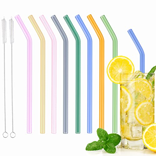 8 Pajitas Cristal Reutilizables, 8mm Pajitas de Vidrio con 2 Cepillitos, Coloreadas Juego de Pajitas de Cristal, Transparente Vaso de Pajitas Curvada para Cócteles, Batidos, Bebidas, Frías, Jugo