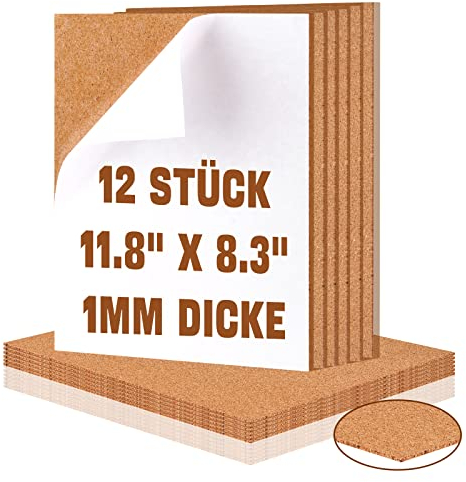 12 Stück Korkplatte Selbstklebend 1mm Presskorkplatte Selbstklebend 21x30cm Kork Selbstklebende Dicke Korktafel DIY Pinnwand Kork Selbstklebende Korkplatten für Foto Bulletin Notizen