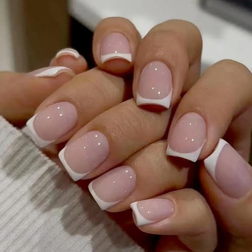 24Pcs French False Nails Short, Square Press on Nails Nude Pink Stick on Nails, Removable Glue-on Nails with White Border Designs, Acrylic Full Cover Fake Nails for Women Girls Nail Art Accessories