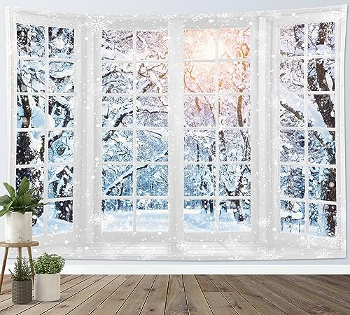 LB Wandteppich Schneewald Wandtuch Winter Sonnenuntergangslandschaft aus dem Fenster Wandbehang Natur Tapisserie für Wohnzimmer Schlafzimmer Wohnheim Wanddeko,235Bx180H cm