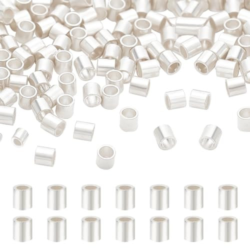 BENECREAT 120 pièces 925 perles à Écraser en Argent Sterling, Perles D'Espacement de Tube avec Tissu en Daim, Tissu de Polissage Carré Argenté pour la Fabrication de Bijoux, Trou: 1mm