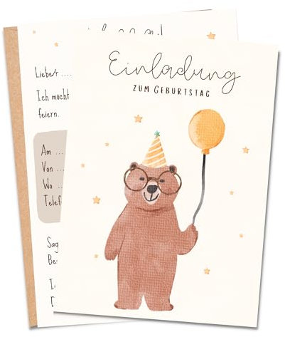 MeinBaby123® 10 Einladungskarten Kindergeburtstag Mädchen und Jungs | süße Geburtstagseinladungen für Kinder | Bär Einladungskarten | inkl. 10 Briefumschläge | Premium Qualität (Bär V4)