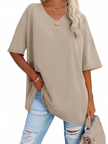 ATHMILE Womens Summer Oversized Shirts V Neck Plus Size Spring Workout Tops Beach Vacation 2026 Gym Clothes Khaki