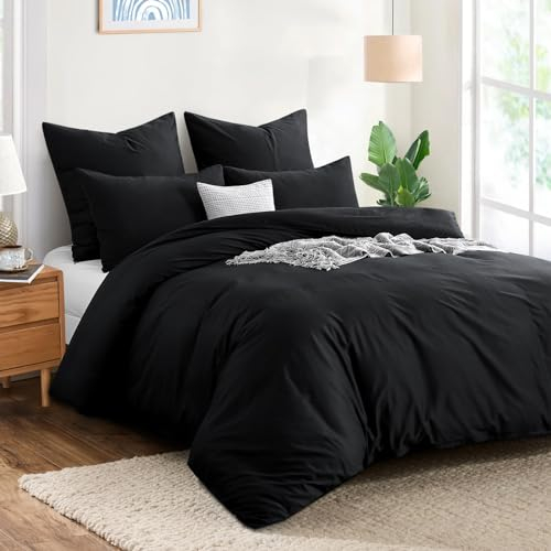 Aisbo Bettwäsche 200x220 Baumwolle Schwarz - Bettwäsche-Sets Bettbezug 200x220 3teilig mit 2 Kissenbezüge 80x80 cm, Baumwollbettwäsche Set, Oeko-TEX Bettwäsche Schwarz mit Reißverschluss