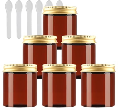 PQPAUTY 6 Pièces Vides Petit 250 ml Marron Cosmétique Pot en Plastique avec Couvercle Or 250 g Pots de Cosmétique Crème de Bouteille Contenant avec 6x Spatules
