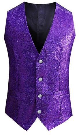 Oyolan Gilet glitterato lucido da uomo, giacca top danza, discoteca senza maniche, costume da sera Clubwear M-3XL, viola., L