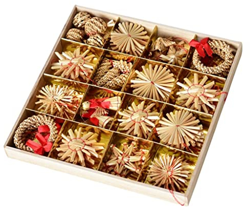 Juego de 56 adornos de paja de trigo tejidos a mano, colección en caja, decoración para niños y familia, y dijes únicos, perfectos para árbol, hogar, decoración de tienda