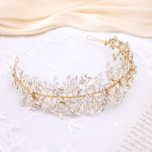Oriamour Crystal Wedding Headband Rhinestone Bridal Headpieces Handmade Leaf Wedding Hair Accessories for Brides (Gold)