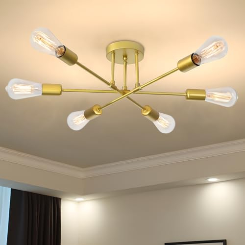 niuniaj 6 Flammig Deckenleuchte Vintage,Sputnik Kronleuchter, Deckenlampe Industrial,E27 Chandelier Gold,Deckenlampe für Wohnzimmer Esszimmer Flur Restaurant Schlafzimmer (ohne Leuchtmittel)