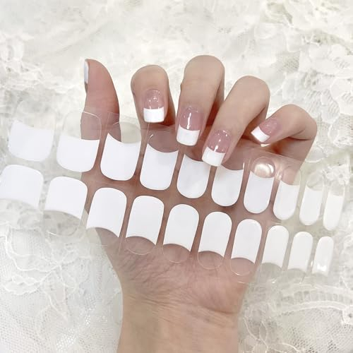 Gel Nail Wraps 20 Stickers Glitter Full-Cured Gel Nail Stickers Soft Self Upgrade Gel Nail Strips Lasting for 15 Days - Adhesive Gel Nail Stickers Nail Art No Need UV/LED Lamp (Clear French)