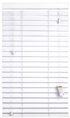 REHAN & CO Faux wood window Venetian Blinds 50mm Slats with String/Tape Blinds Aluminium Headrail Trimmable Child Safe Home Office Window Blind (White String, 45Wcm x 150Hcm)