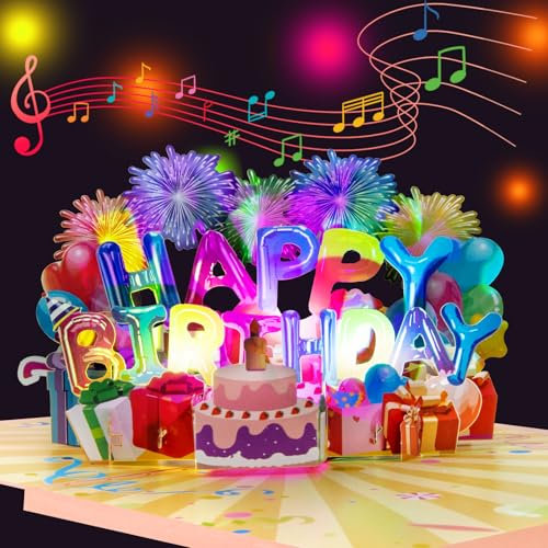 Magic Ants Musikalische 3D Pop-Up Geburtstagskarte mit Licht – 3D „Happy Birthday“-Karte mit reiner Melodie „Happy Birthday“ – Einzigartige Grußkarte mit Umschlag für Männer, Frauen, Kinder, Familie