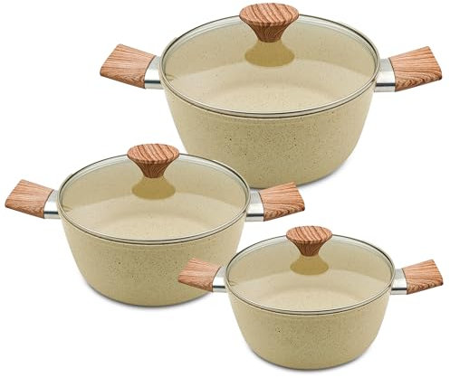 AKH HOUSEWARE Non Stick Casserole Dishes with Lid Cooking Pot 5 Layer Non-Stick Coated Casserole Dishes/Serving Dishes Induction Hob Compatibility Cookware (Beige, Set of 3)