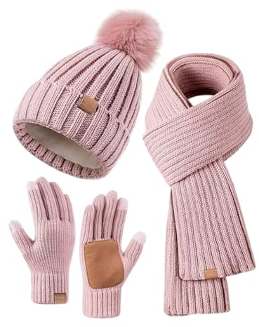 Mütze, Schal & Handschuh-Sets Für Damen Warm Mütze Schal Set Wintermütze Mit Bommel Fleece Gefütterte 3 In 1 Set Touchscreen Handschuhe Beanie Mütze Winterschal