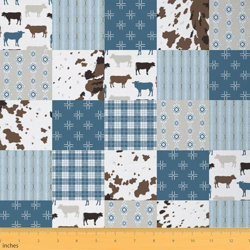 Loussiesd Kuh Drucken Stoff 460x150cm Kinder für Kinder Jungen Cartoon Milch Kuh Stoff Meterware für Stühle Bauernhaus Kuhfell Patchwork Stoffe Blau Weiß Stoffpaket Dekor Tier