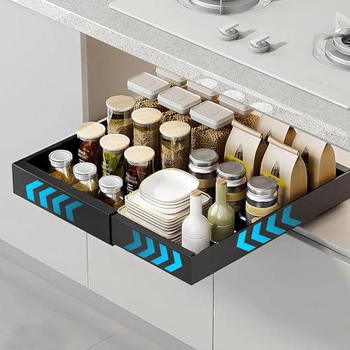 Teleskopschublade, Ausziehbare Schublade Küche, (32-52)x42 cm: Ausziehbarer Schrank Organizer, Küchenschrank Organizer für Küche/Bad/Wohnzimmer, Schubladen Organizer Küche,Kein Bohren,Küchen Organizer