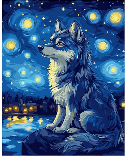 feelive Peinture Numero pour Adulte, DIY Ciel Etoilé et Loup Peinture Numero d'art Acrylique pour Adultes Débutants Facile sur Toile 30×40 cm avec Peintures et Pinceaux(sans Cadre)