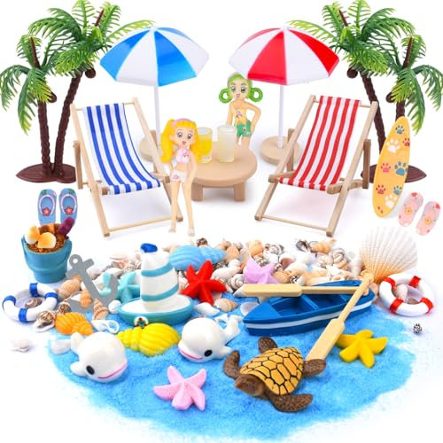 USHOP 38 Pezzi Miniature Spiaggia Micro Paesaggio,Decorazioni da Spiaggia in Miniatura,Mini Sedia a Sdraio Ombrellone Palme Kit di Ornamento in Miniatura,Miniature Giocattoli Giardino