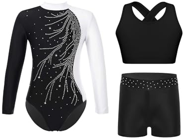 Alvivi 3 Stück Mädchen Turnanzug Glitzer Gymnastikanzug Langarm Gymnastikbody + Sport BH Tops + Shorts Gymnastik Leotard Turntrikot Tanzkostüm