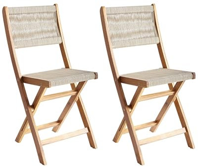 Beliani Lot de 2 Chaises de Jardin Pliantes en Bois d'Acacia avec Dossier en Corde Beige Prossedi