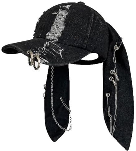 Baokuan Frauen Denim Bunny Hut Ketten Distressed Baseball Cap Kpop Outfits Y2K Grunge Hut für Frauen