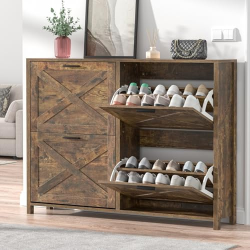 Skokliz 120cm Wide Shoe Cabinet with 4 Flip Drawers, Large Shoe Rack Cabinet for Entryway or Hallway, Slim Shoe Storage Unit with Adjustable Shelves, Ventilated Design, Holds 24-28 Pairs