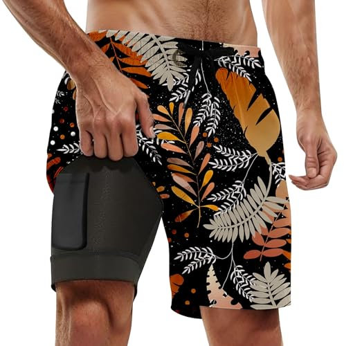 Short de Bain Homme 2 en 1, Maillot de Bain Homme Piscine Séchage Rapide avec Doublure de Compression Boxer de Bain Grande Taille Léger Shorts de Plage Natation Surf avec 2 Poches, Style Hawaïen 4XL