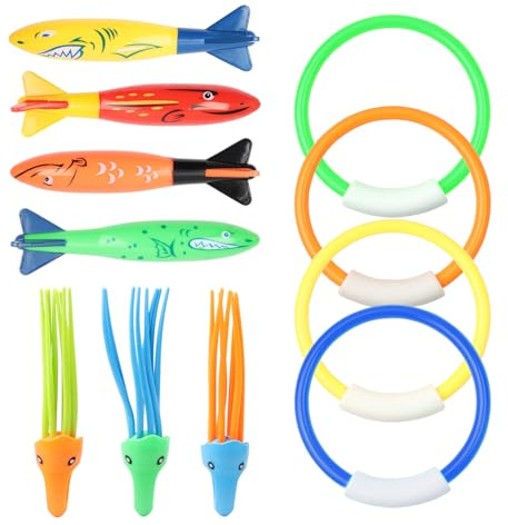 HXC 11 stycken dykringar för barn, dykleksaker, set, innehåller 4 dykringar, 4 Toypedo-banditer, 3 bläckfisk, dykleksaker, undervattensspel och dykträning för barn