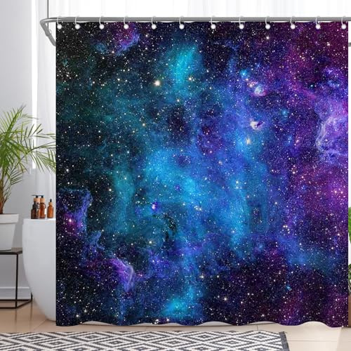 Luminora Weltraum-Duschvorhang mit Sternenhimmel und Galaxie | Badezimmer, kosmische Planeten, Galaktische Milchstraße, Dekorations-Set mit 12 Haken, wasserdichtes Polyester, 180 x 180 cm