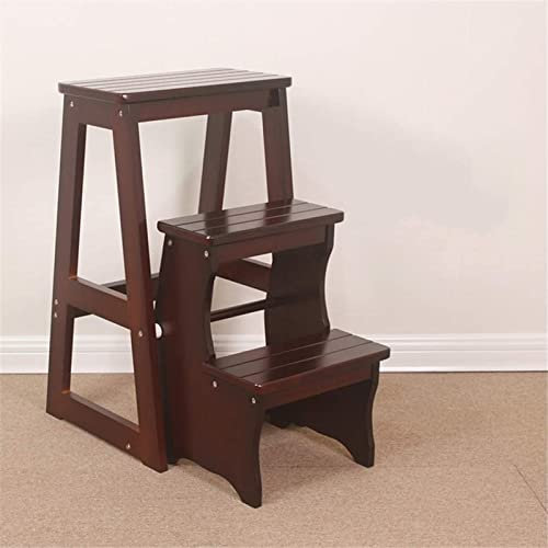 Gardeneea Taburete de Escalera de 3 peldaños, Escalera Plegable de Madera para Cocina, Taburete pequeño para pies, Banco para Zapatos de Interior, taburetes para Armario (café)