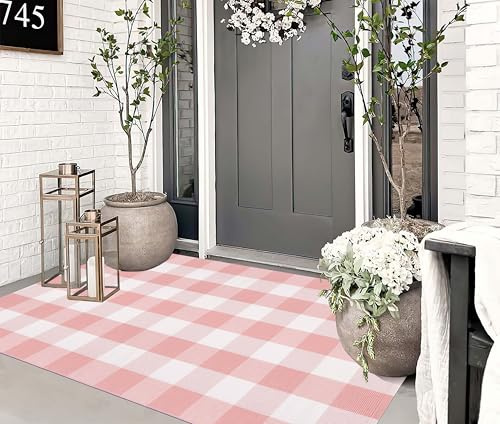 Teppich für den Außenbereich, kariert, 90 x 150 cm, Rosa und Weiß, kariert, für den Außenbereich, Bauernhaus, Veranda, maschinenwaschbar, für Hallo Willkommensmatte, Schlafzimmer, Eingang, Terrasse