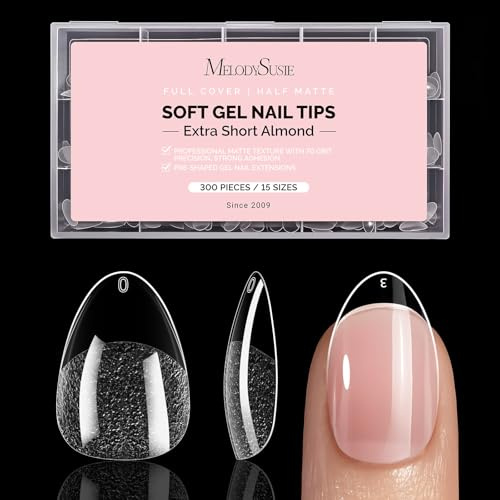 MelodySusie Extra Short Almond Nail Tips - 300Pcs Clear Acrylic, Half Matte Full Cover Press on Nails for DIY Extension & Salon Use, 15 Sizes Pre-Shaped for Long-Lasting Manicure