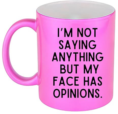 Funny Office Coffee Mug, Face Has Opinions Quote, Pink Ceramic, 11 oz (Metallic Pink)