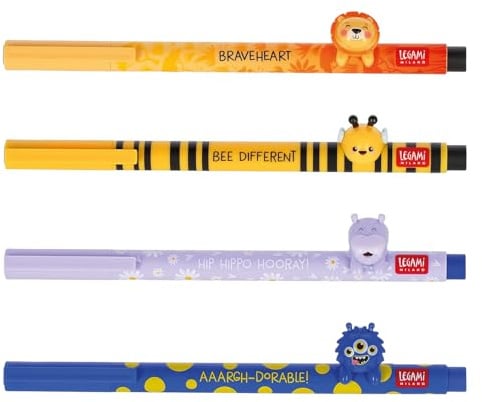 LEGAMI Gel Pen - Lovely Friends Decorative Animal Removable and Recombinable Prevents Rolling Fine 0.5mm Tip Set of 4 Bee, Lion, Hippo and Monster