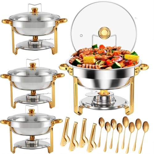 4 Pack Chafing Dish Buffet Set 5 Qt, 5L Stainless Steel Chafing Dishes,Round Catering Warmer Server with Glass Lid & Cover Holder,Food Warmers for Parties, Wedding,Birthday (Half Gold-Glass)