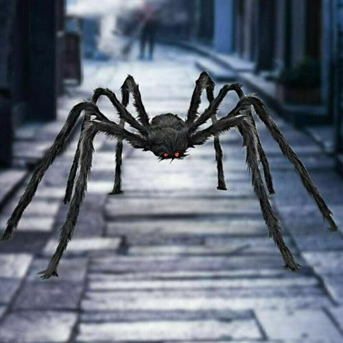 SANHIGHEND Halloween-Haarige pelzige Plüschspinnen,Gruselige Realistische Rotäugige Große Spinne,Karneval Riesenspinnen Requisiten Geeignet für im Freien MottoPartyDeko,gruselige Spukhaus (90CM)