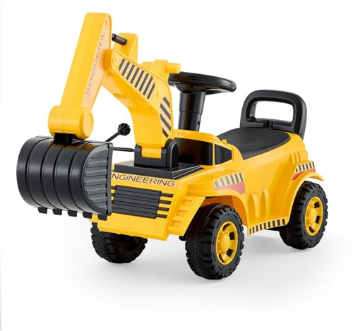 VEVOR Sitzbagger, Kinderbagger für Kleinkinder von 19 bis 36 Monaten, Baggerspielzeug mit Helm und Musik, Aufsitzbagger, 25 kg Tragkraft, Bagger zum Aufsitzen, Lauflernhilfe für Kinder, Gelb