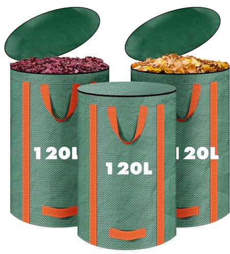 LUOJINYI 3X 120L Gartenabfallsack Stabil, Selbststehend Gartensack Laubsack mit Deckel und Griffen, Wiederverwendbar Grünschnittsack Laubsammler für Grünschnitt Laub Rasenschnitt Gartenabfälle