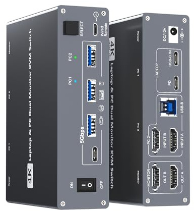 4K USB Type-C Docking KVM Switch Laptop& Desktop 2 Monitors 2 Computers USB-C & Dual HDMI 4K@60Hz Dual Monitor KVM Switches for MAC & PC, PD 100W Charging, with Type-C 3.1 Gen 2 Cable & Wired Remote