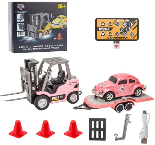 XKlemBauklode Chariot élévateur RC Mini chariot élévateur RC en alliage 2,4 G à l'échelle 1/64 avec contrôleur sans fil, crochet de cargaison, fourches et palette, cadeau pour les jeunes (rose)