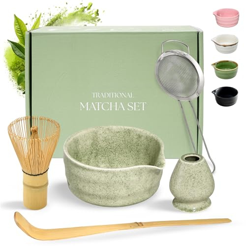 Comforder Matcha Set, Keramikskål, Bambuvisp, Sked och Sil (Grön) | Japanskt teset för matcha latte och teceremoni, keramikskål, bambuvisp med hållare, sked och sil