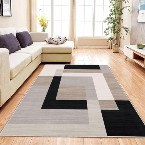 Aspire Homeware Rugs Living Room 80x150 cm Cream & Black Rug (Milo Neutral) | Anti Slip Geometric Style Soft Easy to Clean Carpets for Office – Non-Shedding Low Profile Durable Area Rugs for Lounge