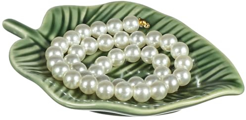 BESTonZON Assiette Annulaire Feuille Verte en Céramique, Plateau à Bijoux Élégant et Moderne pour Rangement Coiffeuse ou Maison