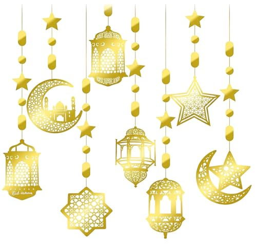 Eid Mubarak Girlande Dekoration, 8 Stück Eid Mubarak Deko Islamic Gold Stern Mond Ramadan Girlande Anhänger Ornament, Eid Mubarak Party Banner für Muslimische Eid Al Fitr Festival Party Deko