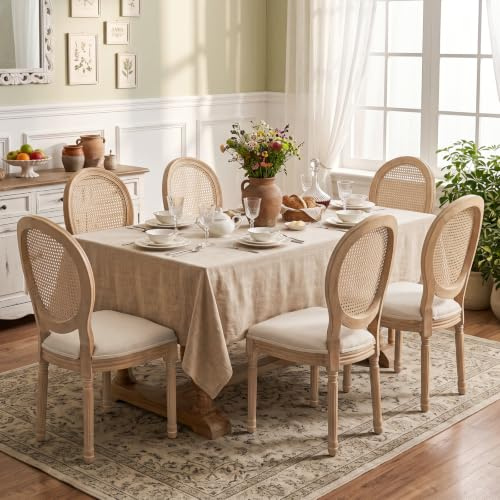 SoarTalent 6er Set Esszimmerstühle Rattan Ovalrücken, Beige | Im französischen Landhausstil gefertigt, mit geschwungener ovaler Rückenlehne aus Rattan. Die gepolsterte Sitzfläche